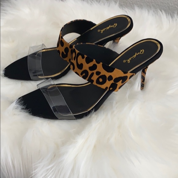 Camel black leopard suede lucite slide heels - Picture 5 of 5
